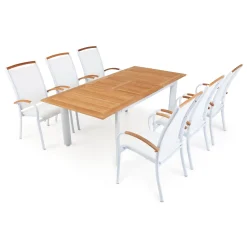 Nydala 6 st Karmstolar med Förlängningsbart Träbord Vit/Teak