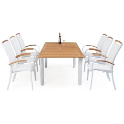 Nydala 6 st Karmstolar med Förlängningsbart Träbord Vit/Teak