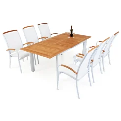Nydala 6 st Karmstolar med Förlängningsbart Träbord Vit/Teak