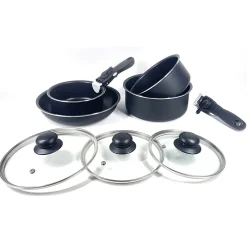 Svart 9 Delar Grytor & Stekjärn med Avtagbara Hantag & Non-Stick